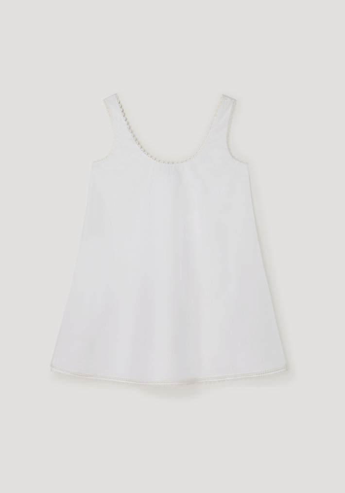 A-line poplin mini dress in optic white, featuring scalloped trim, sleeveless A-line shape, and delicate embroidery at neckline, armholes, and hem.