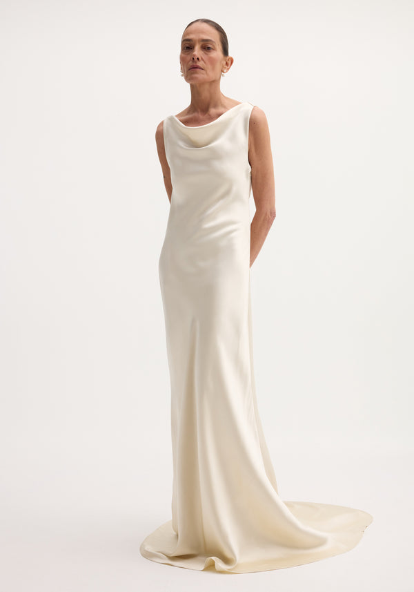 Draped satin dress with train | ivory