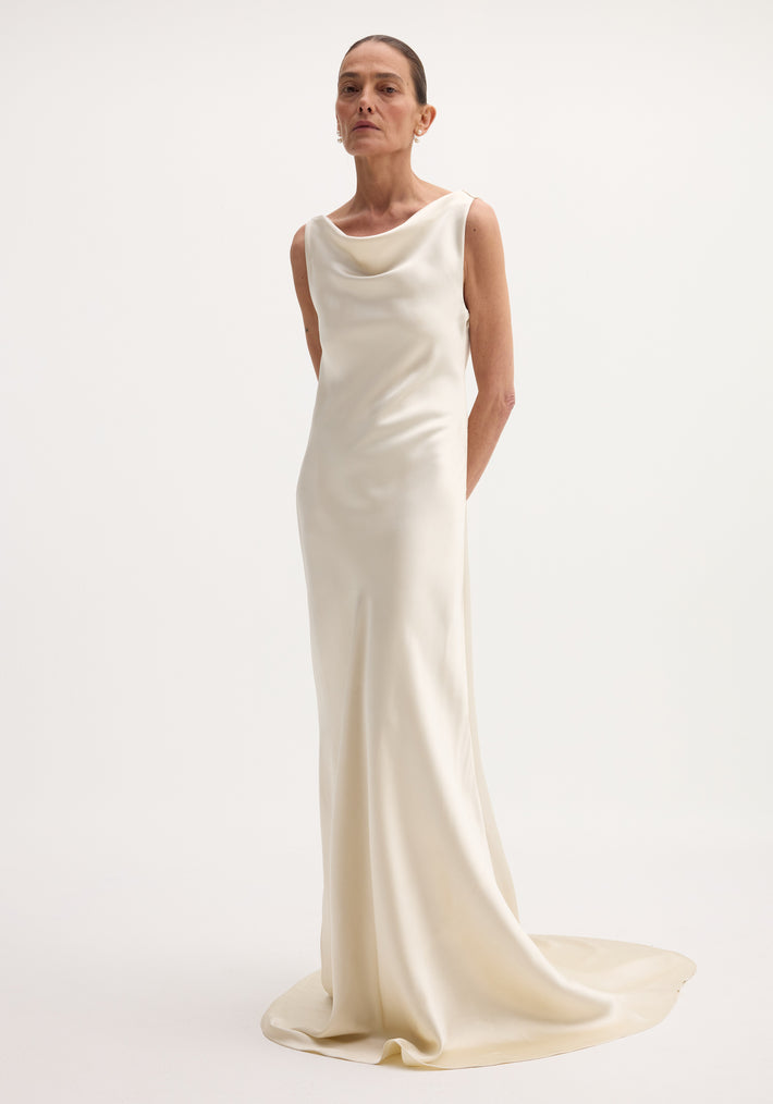 Draped satin dress with train | ivory