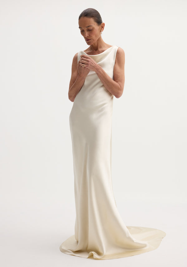 Draped satin dress with train | ivory