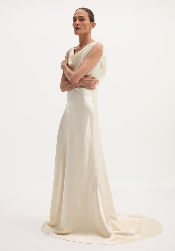 Draped satin dress with train | ivory