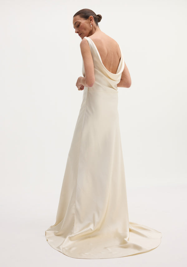 Draped satin dress with train | ivory