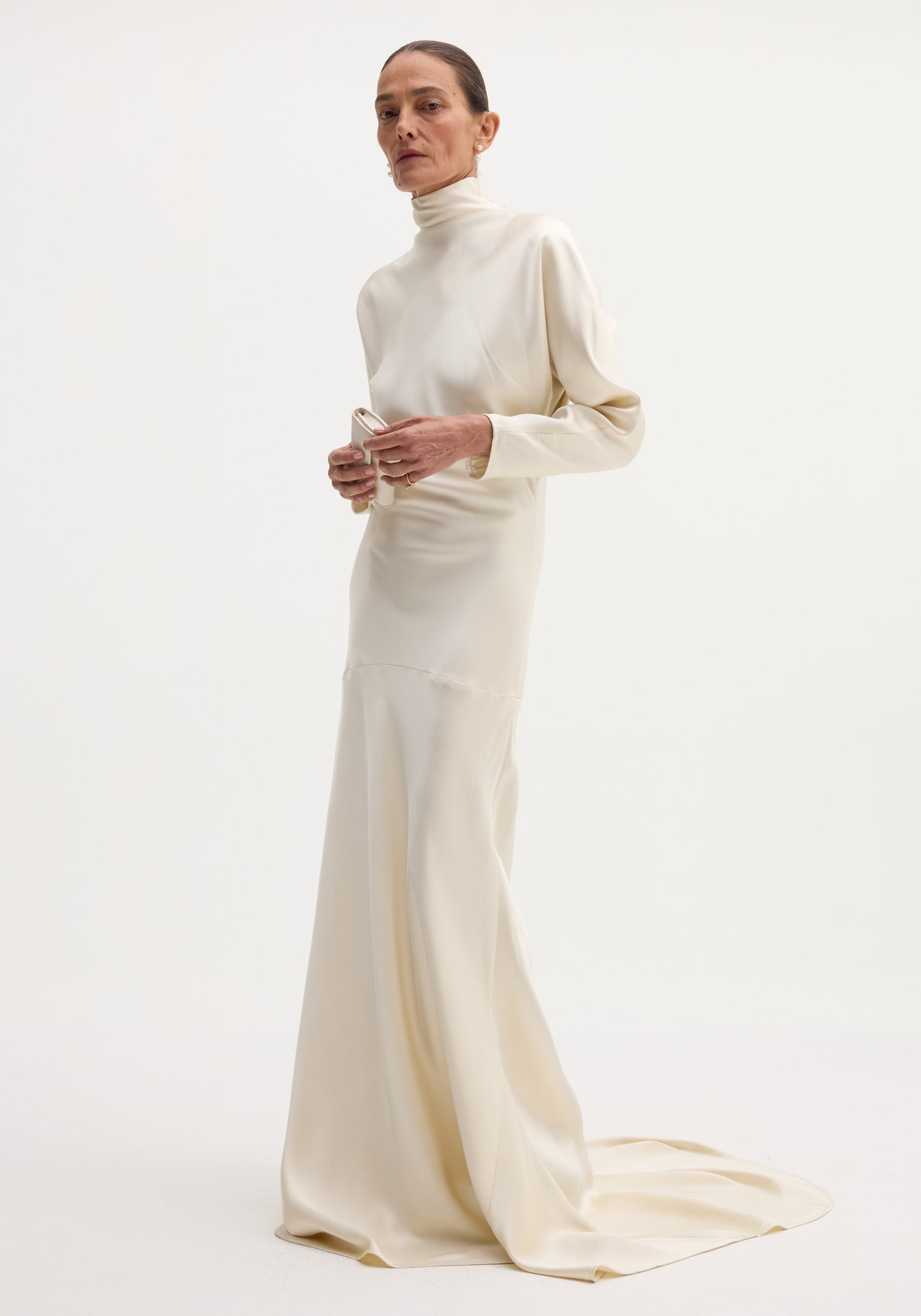 Satin button down dress with train | ivory