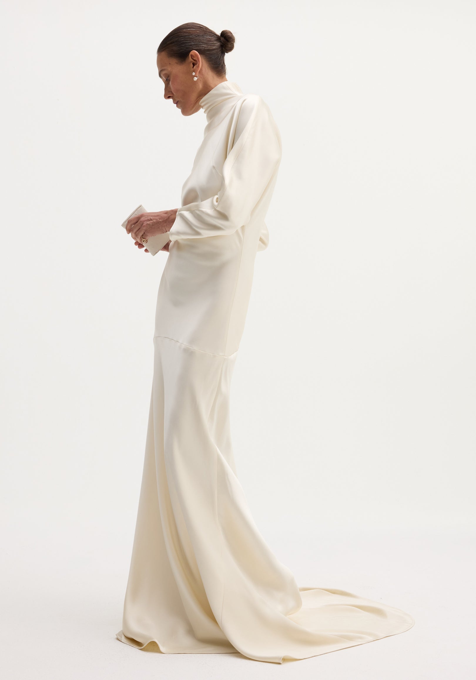 Satin button down dress with train | ivory