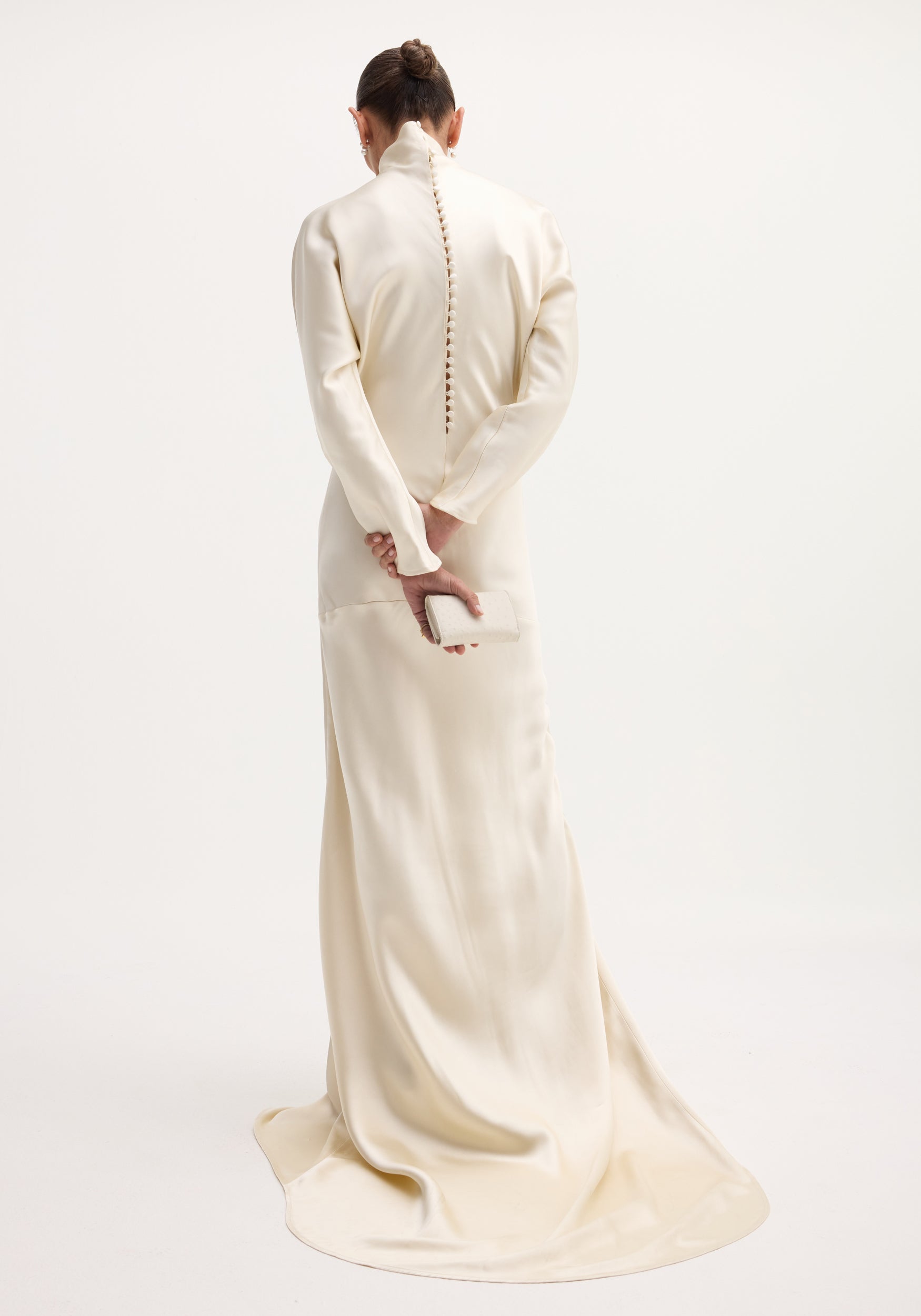 Satin button down dress with train | ivory