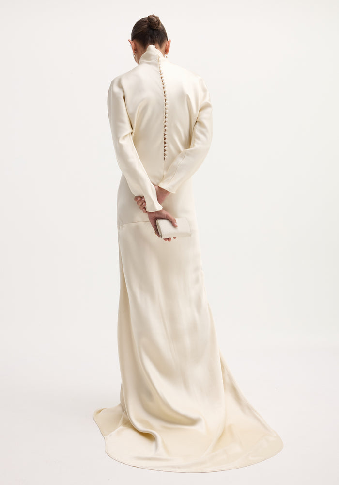 Satin button down dress with train | ivory