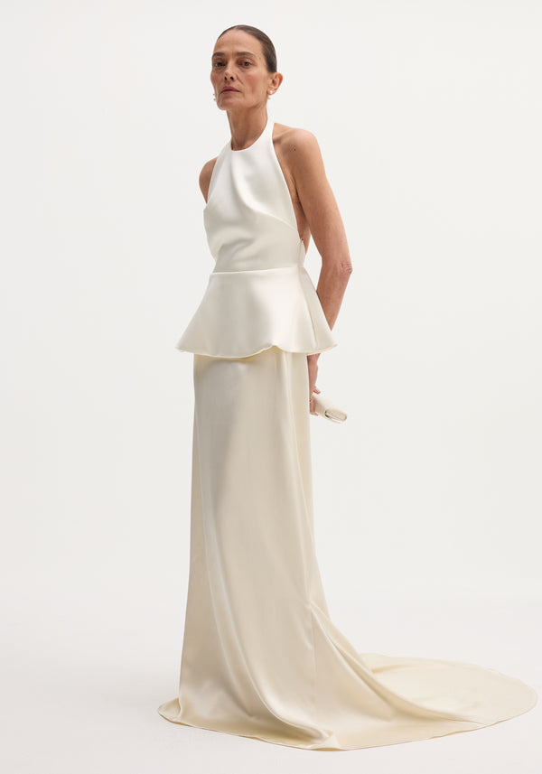 Sculptural satin halter top with separate silk skirt | ivory