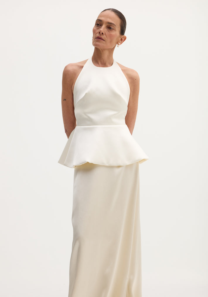 Sculptural satin halter top with separate silk skirt | ivory