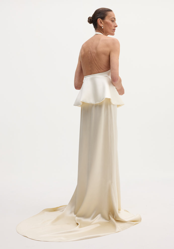 Sculptural satin halter top with separate silk skirt | ivory