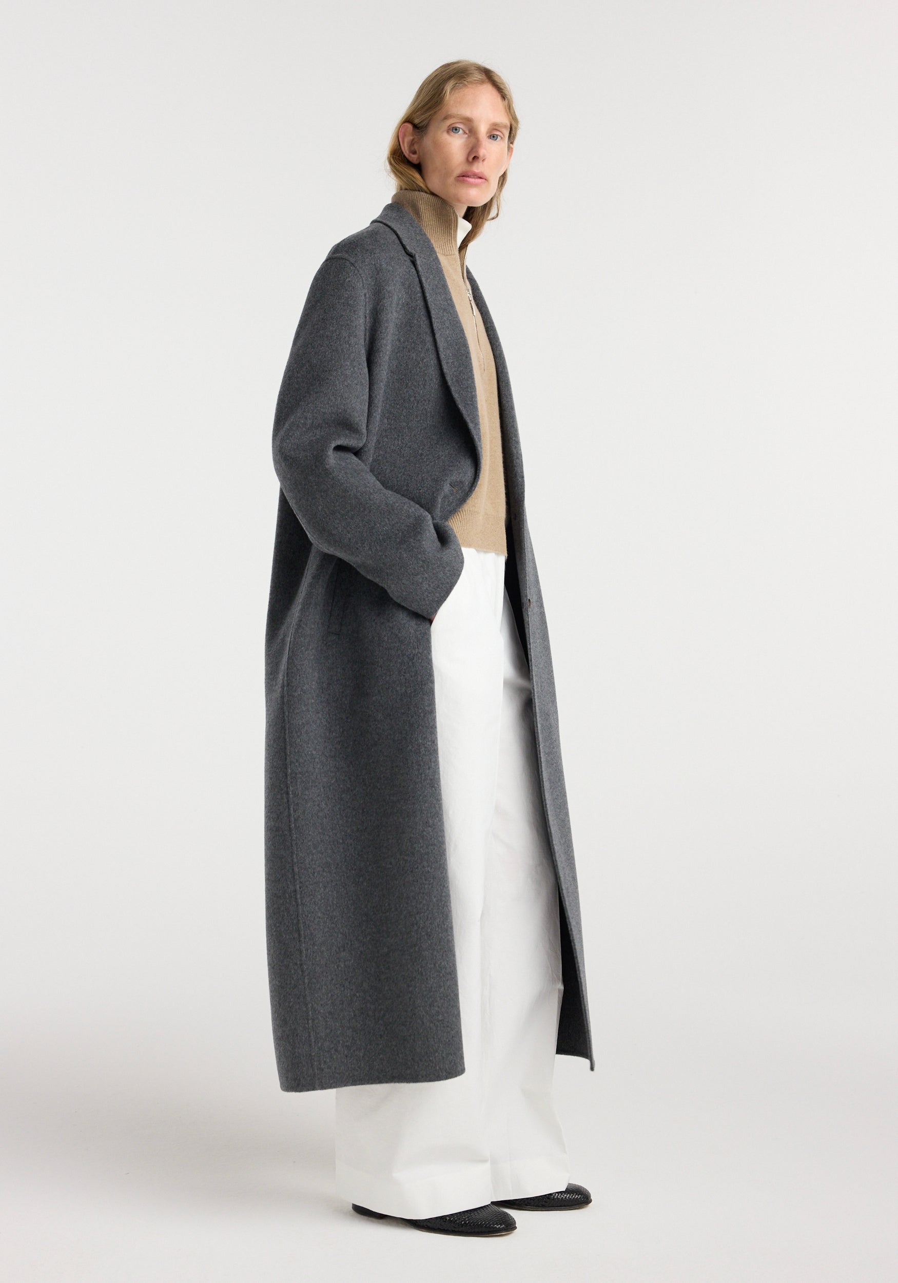 Double-faced wool long coat | dark grey melange