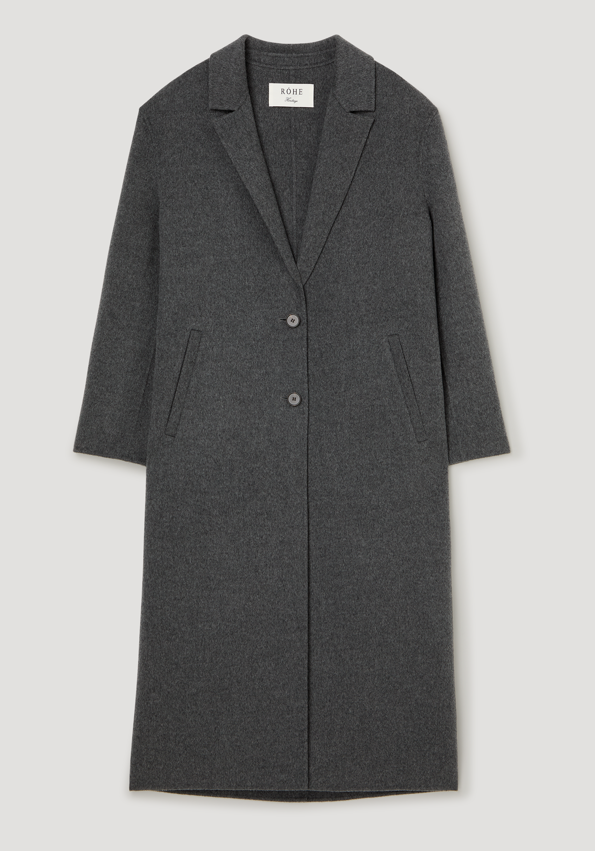 Double-faced wool long coat | dark grey melange shown flat with notched lapels two-button closure long sleeves and side welt pockets