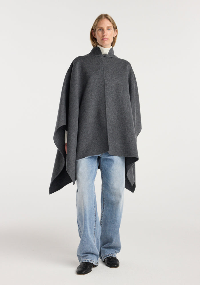 Double-faced wool pankou closure poncho | dark grey melange