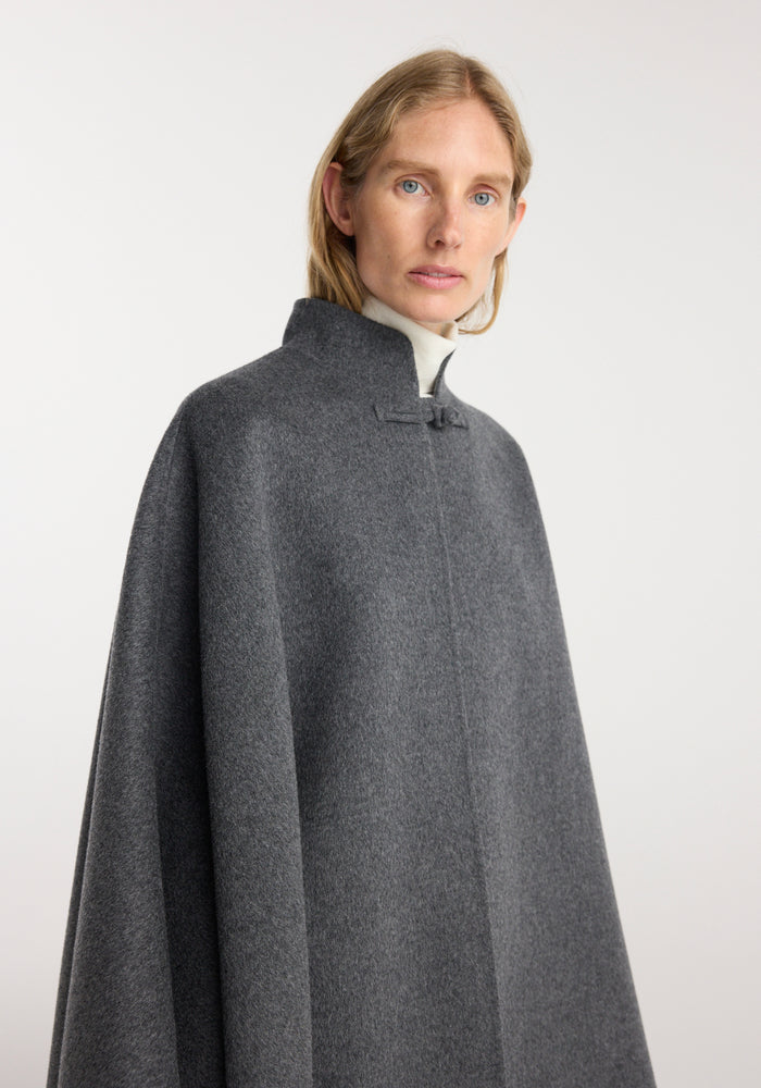 Double-faced wool pankou closure poncho | dark grey melange