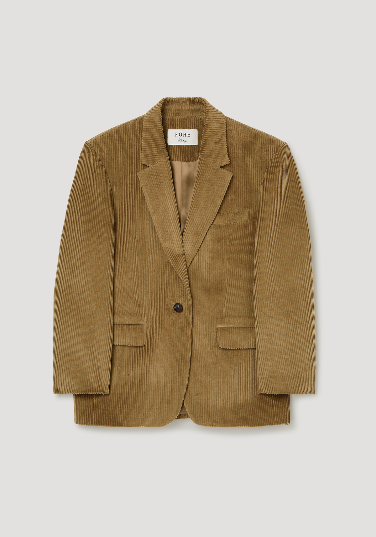Oversized corduroy blazer jacket | beige front view with notched lapels single button patch pockets and long sleeves