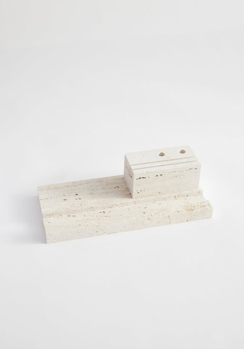 Desk organizer | travertine: Two-piece set with a rectangular base and smaller block, handcrafted by Louis Crombag from leftover Italian travertine, featuring pen holders.