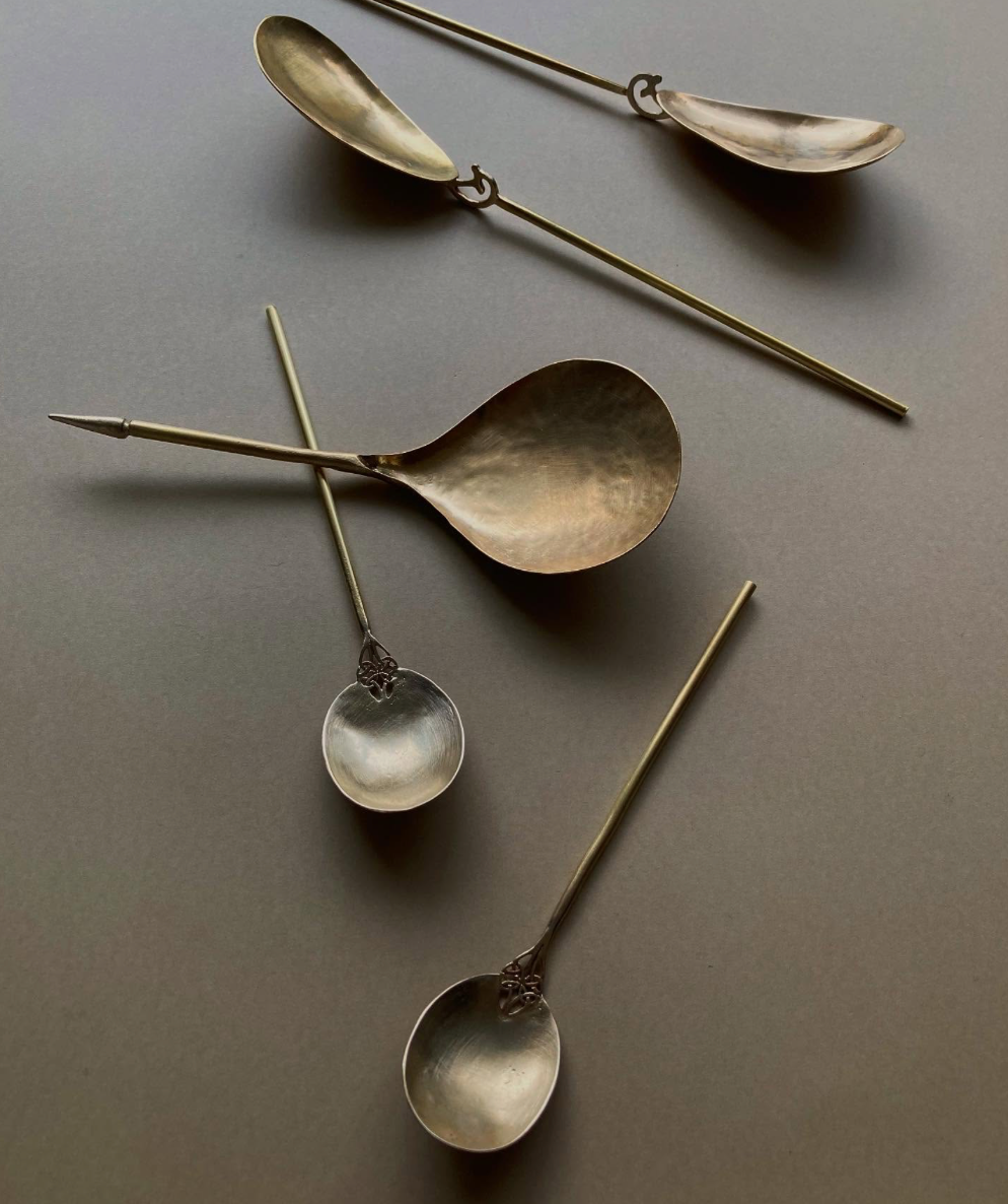 Tea Spoon assortment; handcrafted by Misae Nikkei in Kyoto. Features loose spoon heads and handles, showcasing unique, hand-forged designs inspired by daily rituals.