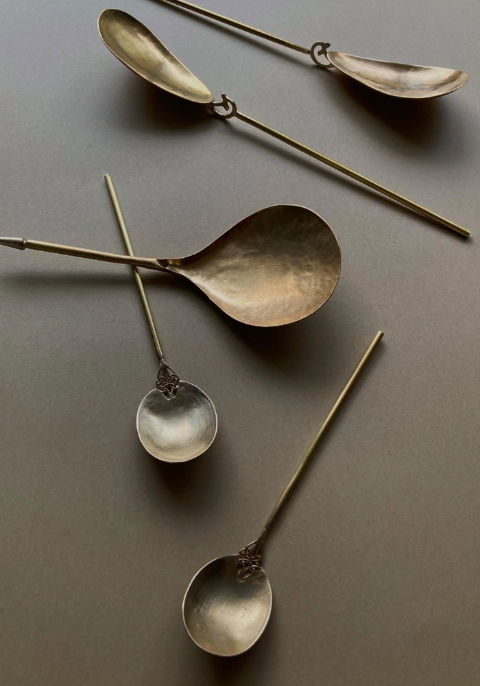 Tea Spoon assortment; handcrafted by Misae Nikkei in Kyoto. Features loose spoon heads and handles, showcasing unique, hand-forged designs inspired by daily rituals.