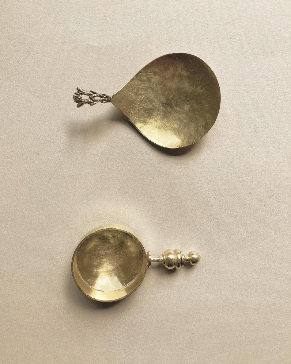 Handcrafted tea spoons by Misae Nikkei, featuring a teardrop and round bowl design with unique, sculptural handles, perfect for serving tea or spices.