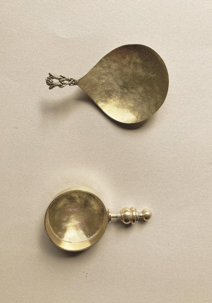 Handcrafted tea spoons by Misae Nikkei, featuring a teardrop and round bowl design with unique, sculptural handles, perfect for serving tea or spices.