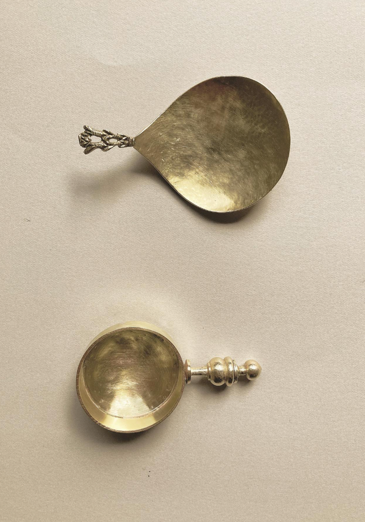 Handcrafted tea spoons by Misae Nikkei, featuring a teardrop and round bowl design with unique, sculptural handles, perfect for serving tea or spices.